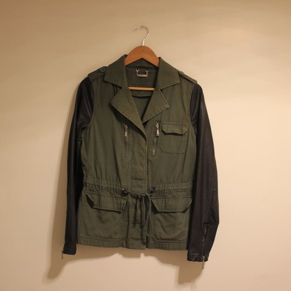 Vintage Black Leather & Green Military Jacket - Picture 1 of 5